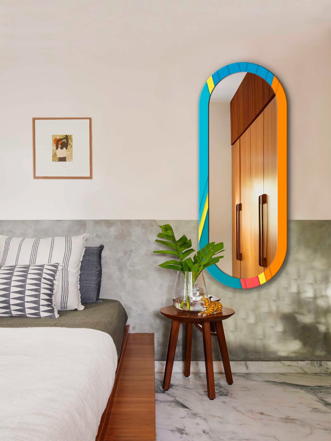 

999Store Blue & Orange Colourblocked Printed MDF Frame Wall Mirror
