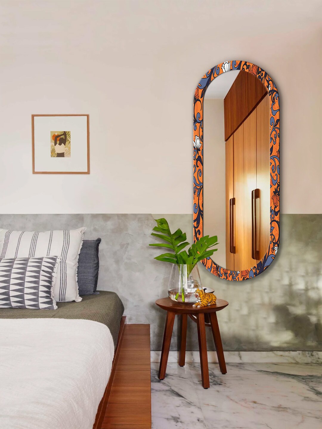 

999Store Orange & Blue Floral Printed Wall Mirror