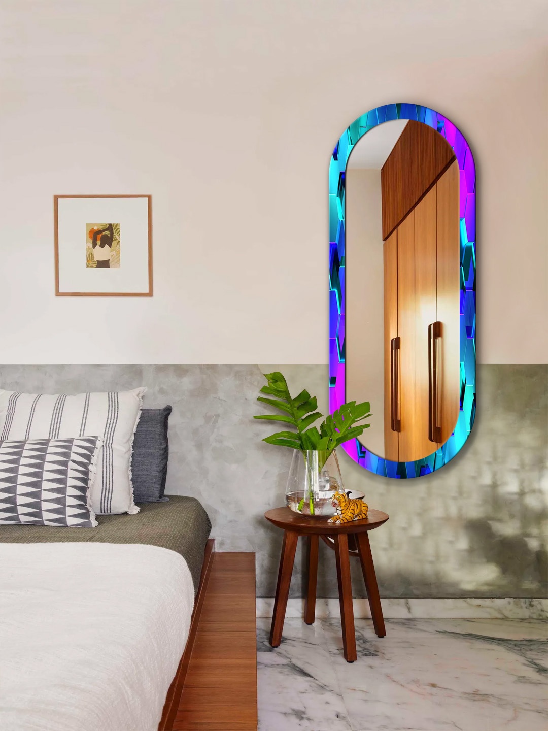 

999Store Blue & Purple 3D Marble Printed MDF Frame Wall Mirror