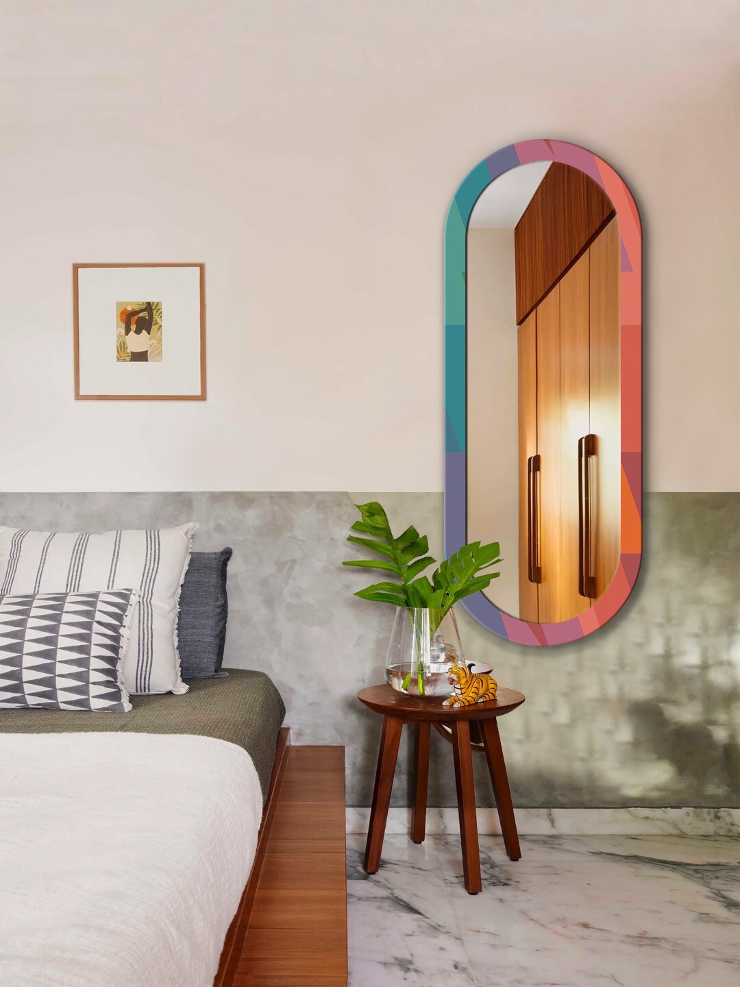 

999Store Pink & Blue Abstract Printed MDF Frame Full Length Wall Mirror