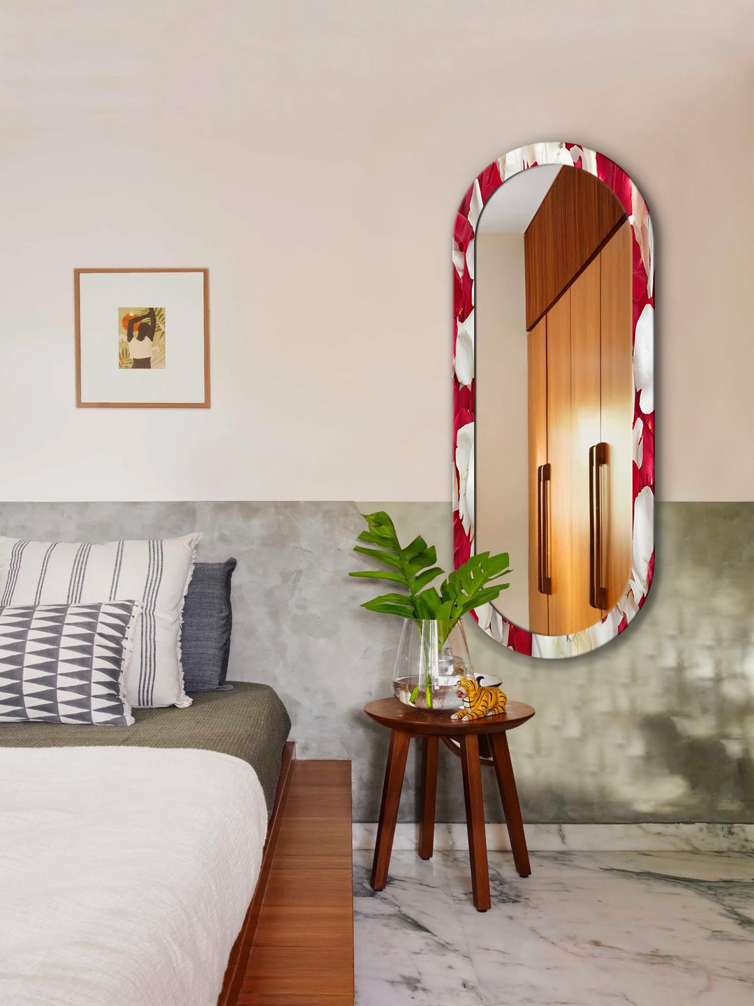 

999Store Red & White Floral Printed MDF Frame Wall Mirror - 6ft