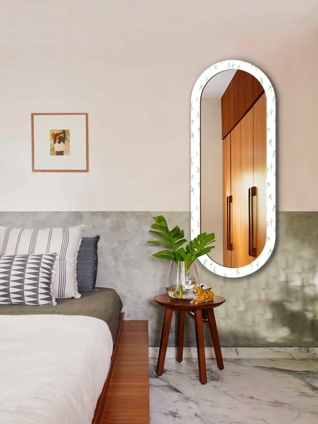 

999Store White & Green Birds Printed MDF Frame Wall Mirror