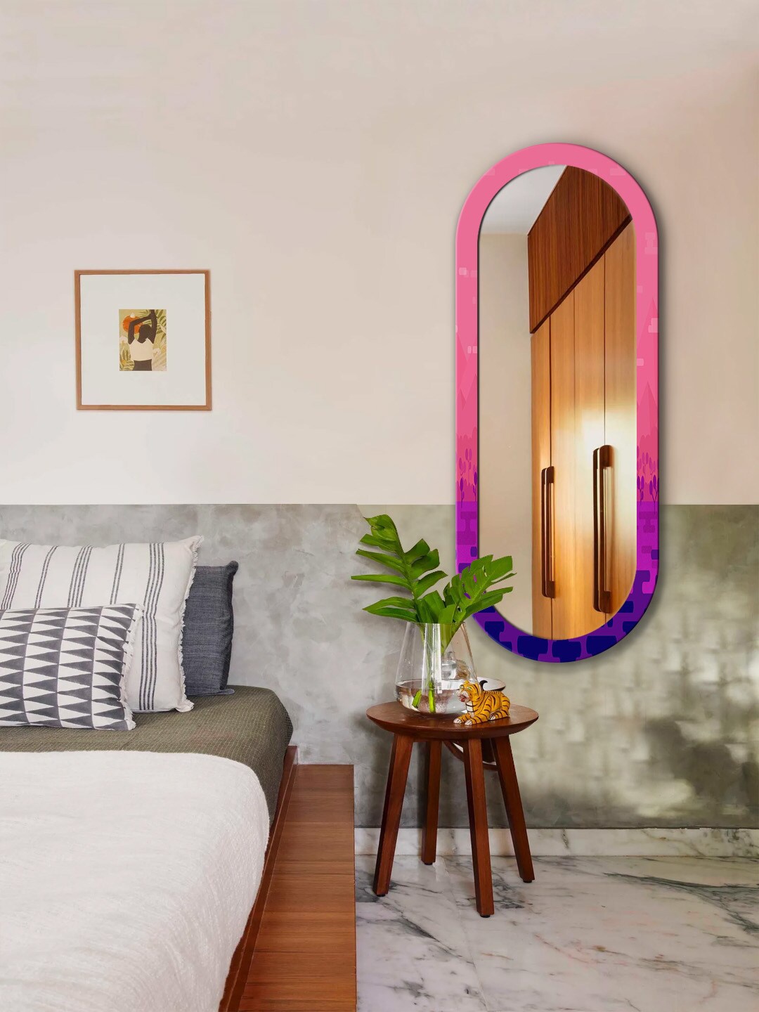 

999Store Pink & Purple Floral Printed Wall Mirror