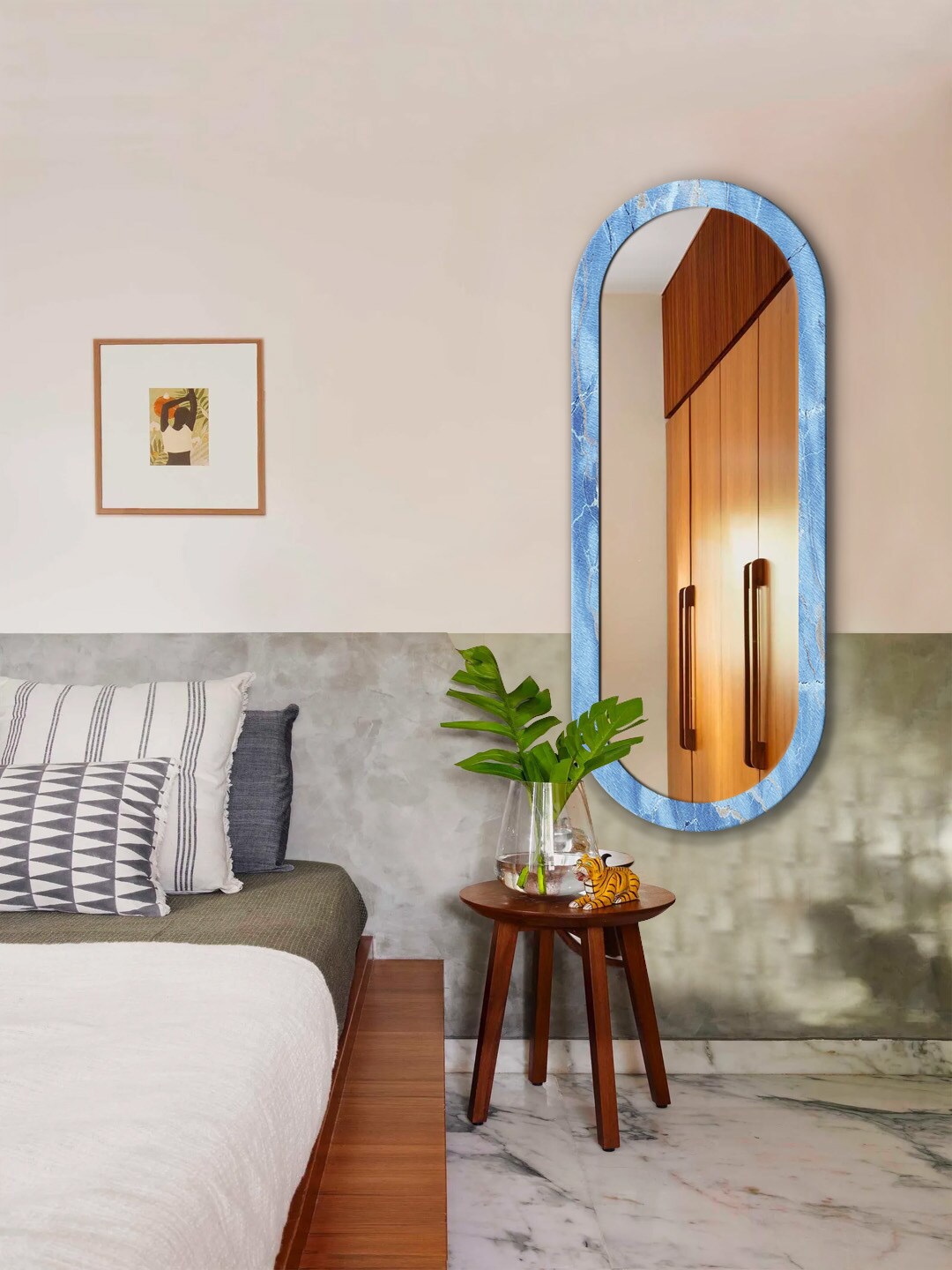 

999Store Blue & White Printed MDF Frame Wall Mirror