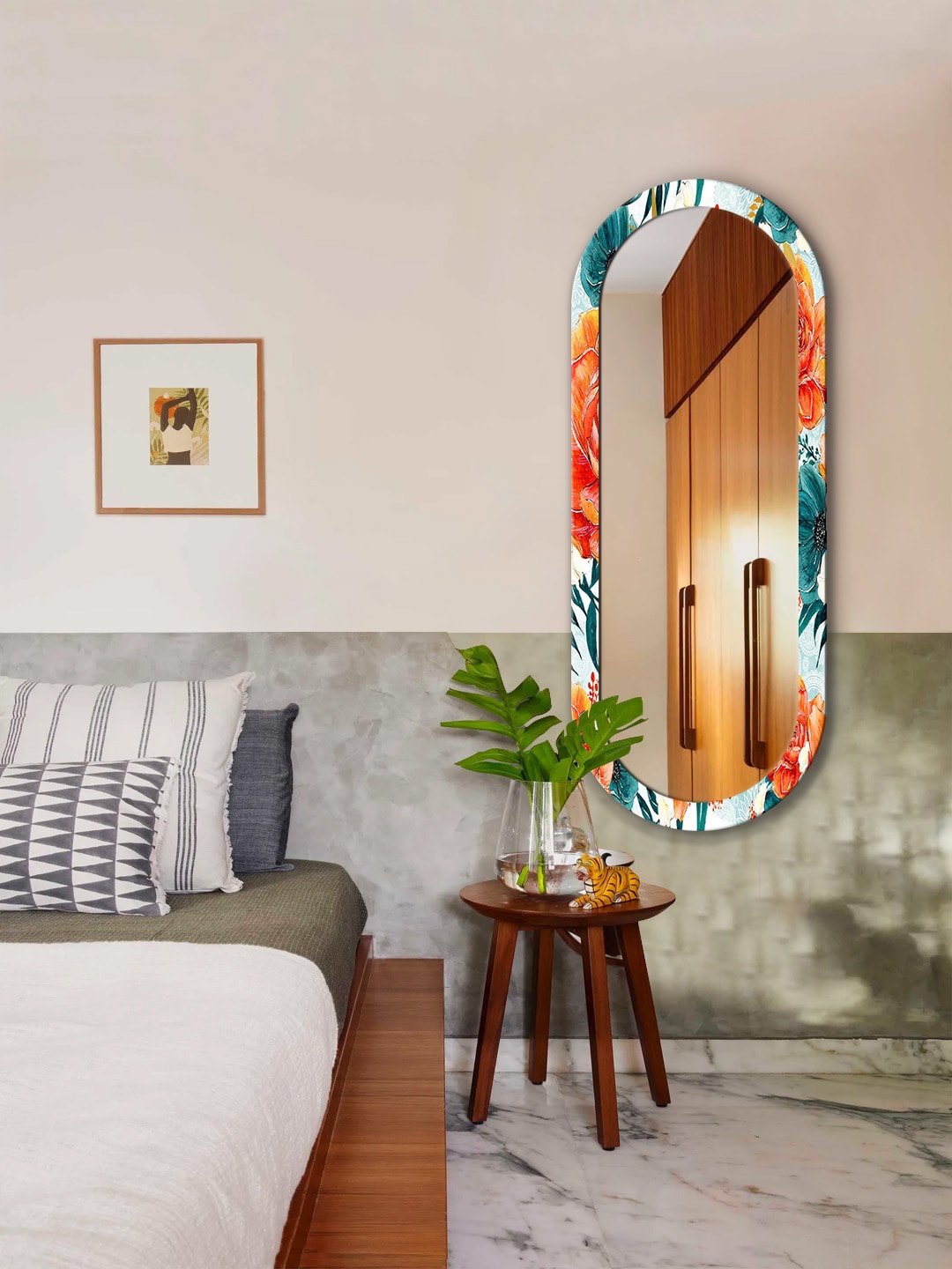 

999Store Orange & Green Floral Printed MDF Frame Wall Mirror