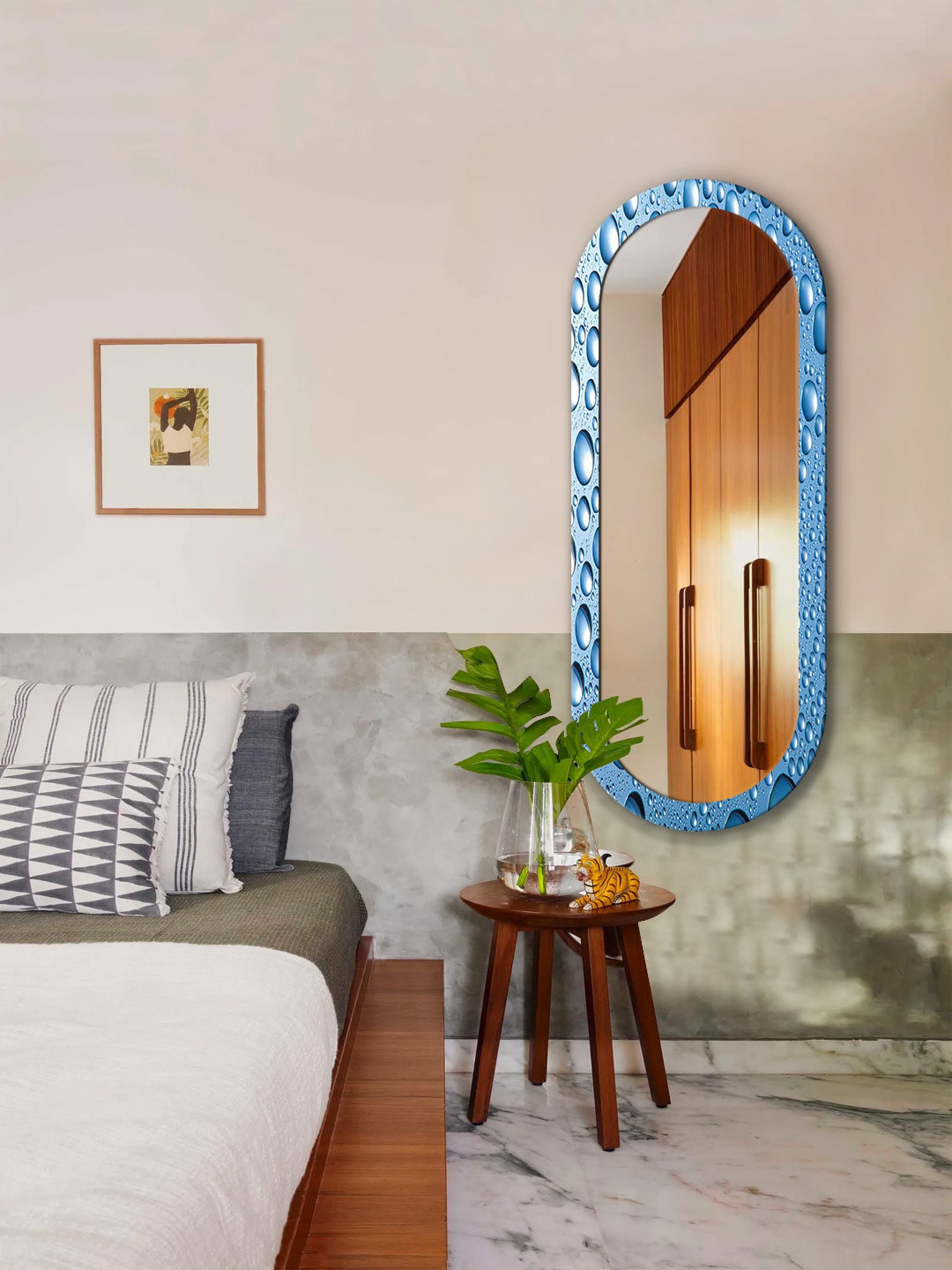 

999Store Blue & White Water Drop Printed MDF Frame Full Length Wall Mirror