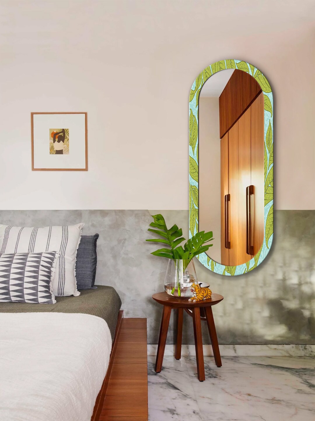 

999Store Green & Blue Leaves Pattern Hanging Mirror