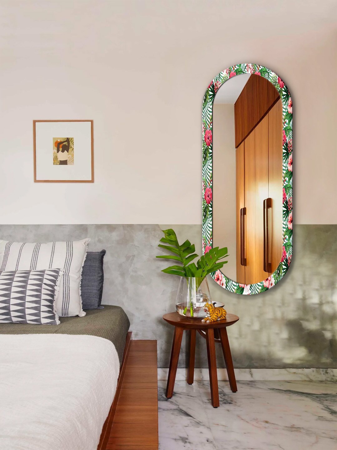 

999Store White & Green Floral Printed MDF Frame Wall Mirror