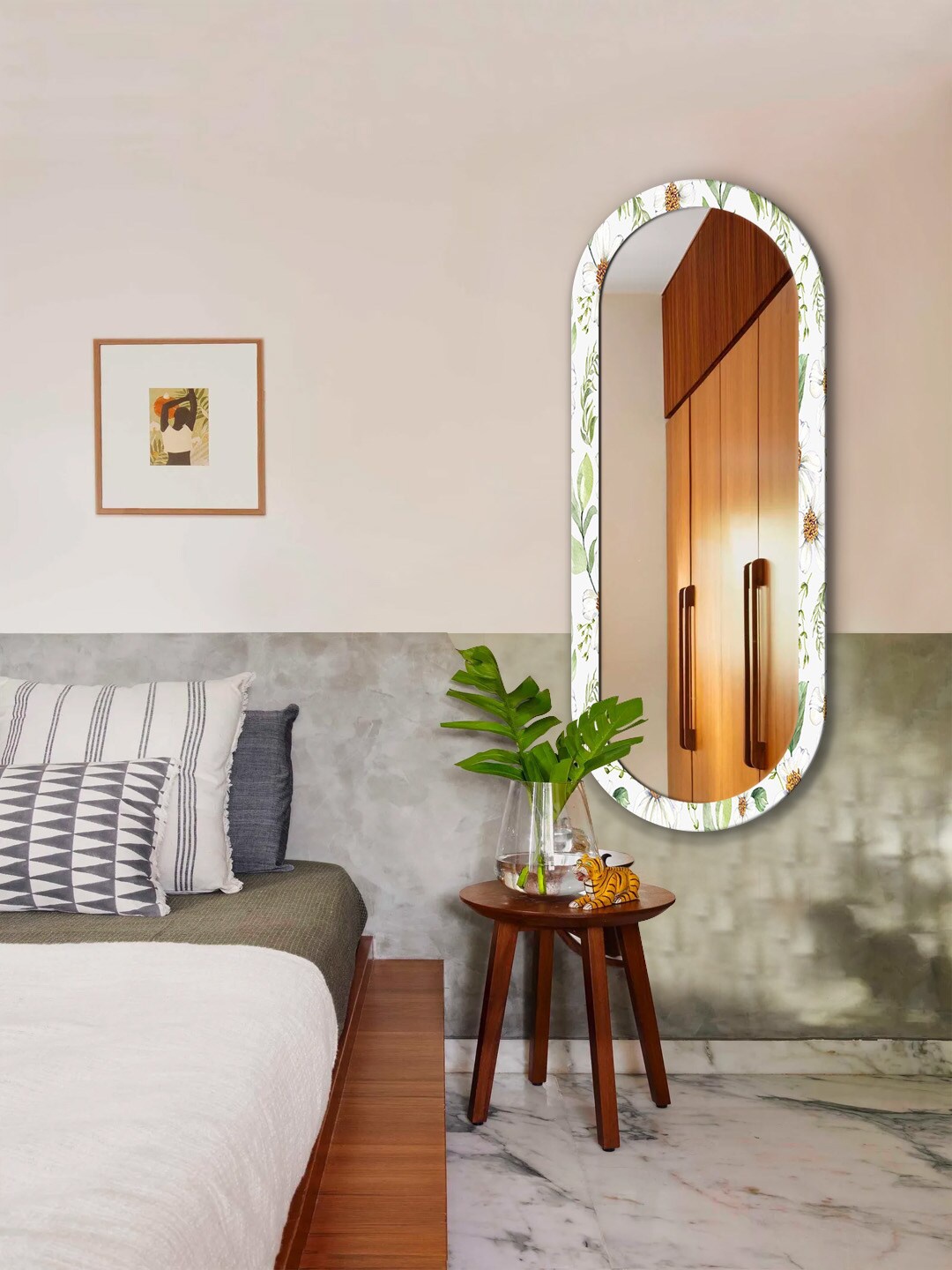 

999Store White & Green Leaf Printed MDF Frame Wall Mirror