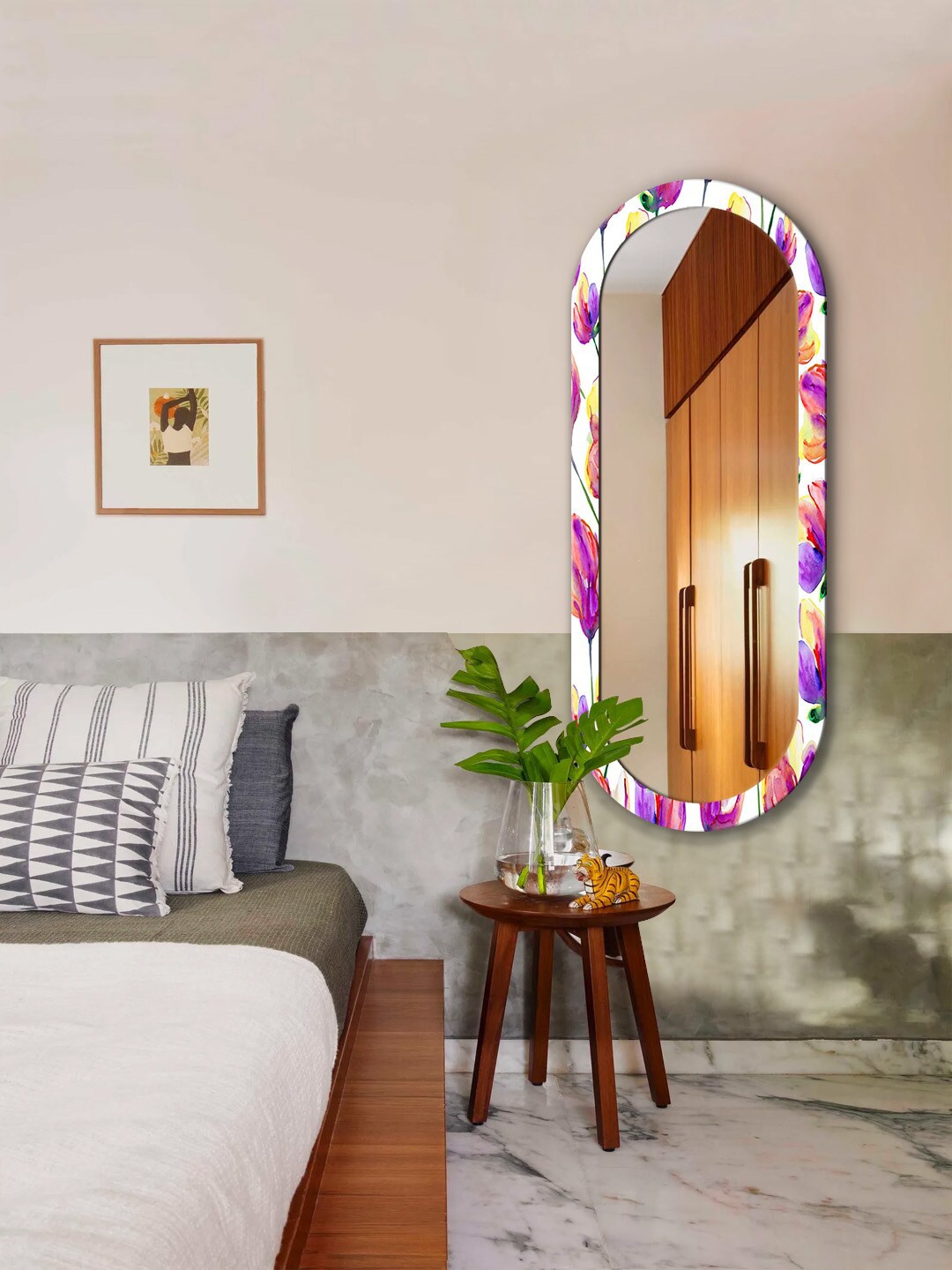 

999Store White & Rose Floral Pattern MDF Frame Hanging Mirror