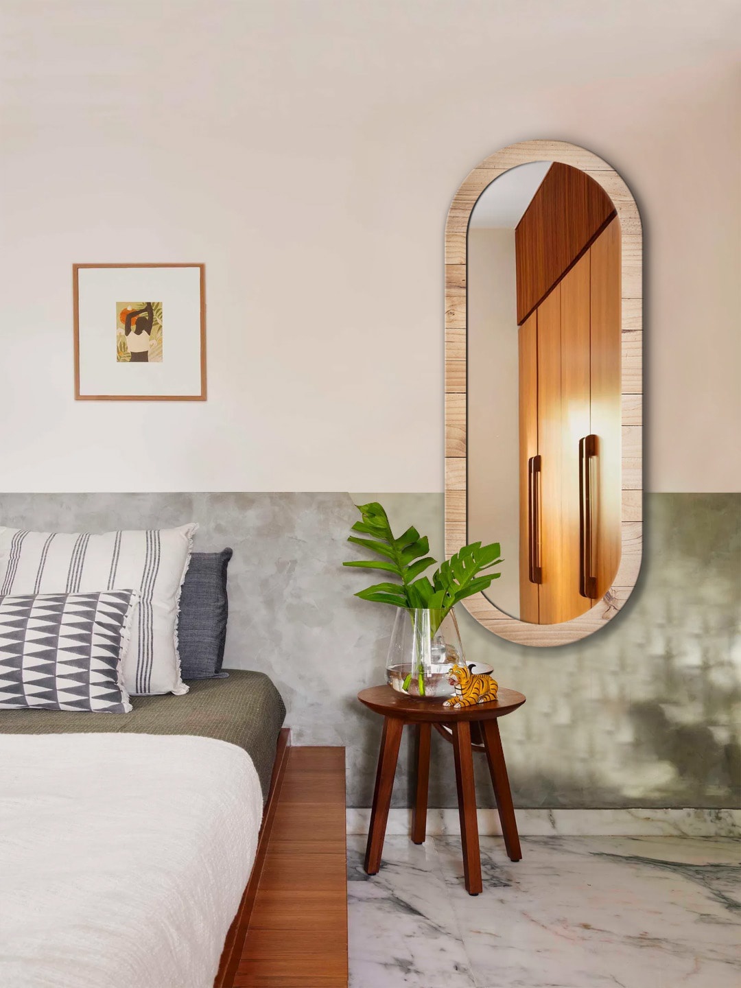 

999Store Brown & Beige Wooden Pattern MDF Frame Hanging Mirror