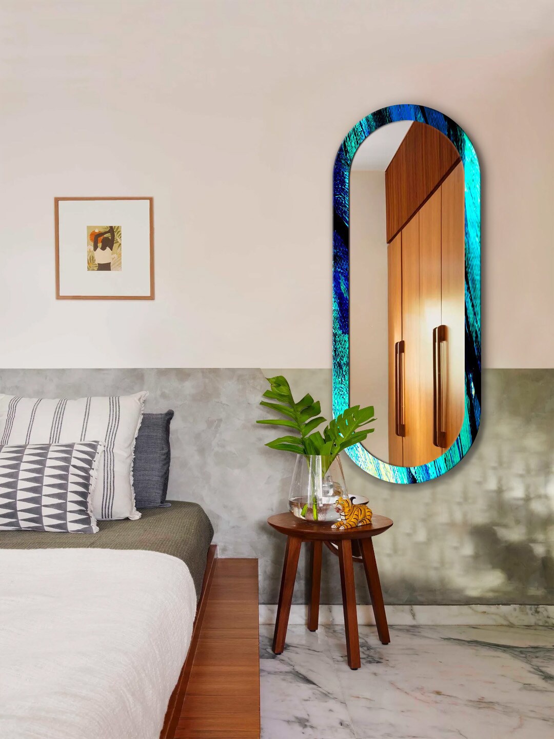 

999Store Navy Blue & Turquoise Blue Printed MDF Frame Wall Mirror