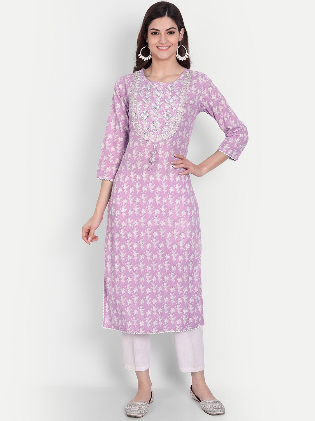 

KASHEEDA Floral Printed Mirror Work Straight Kurta, Purple