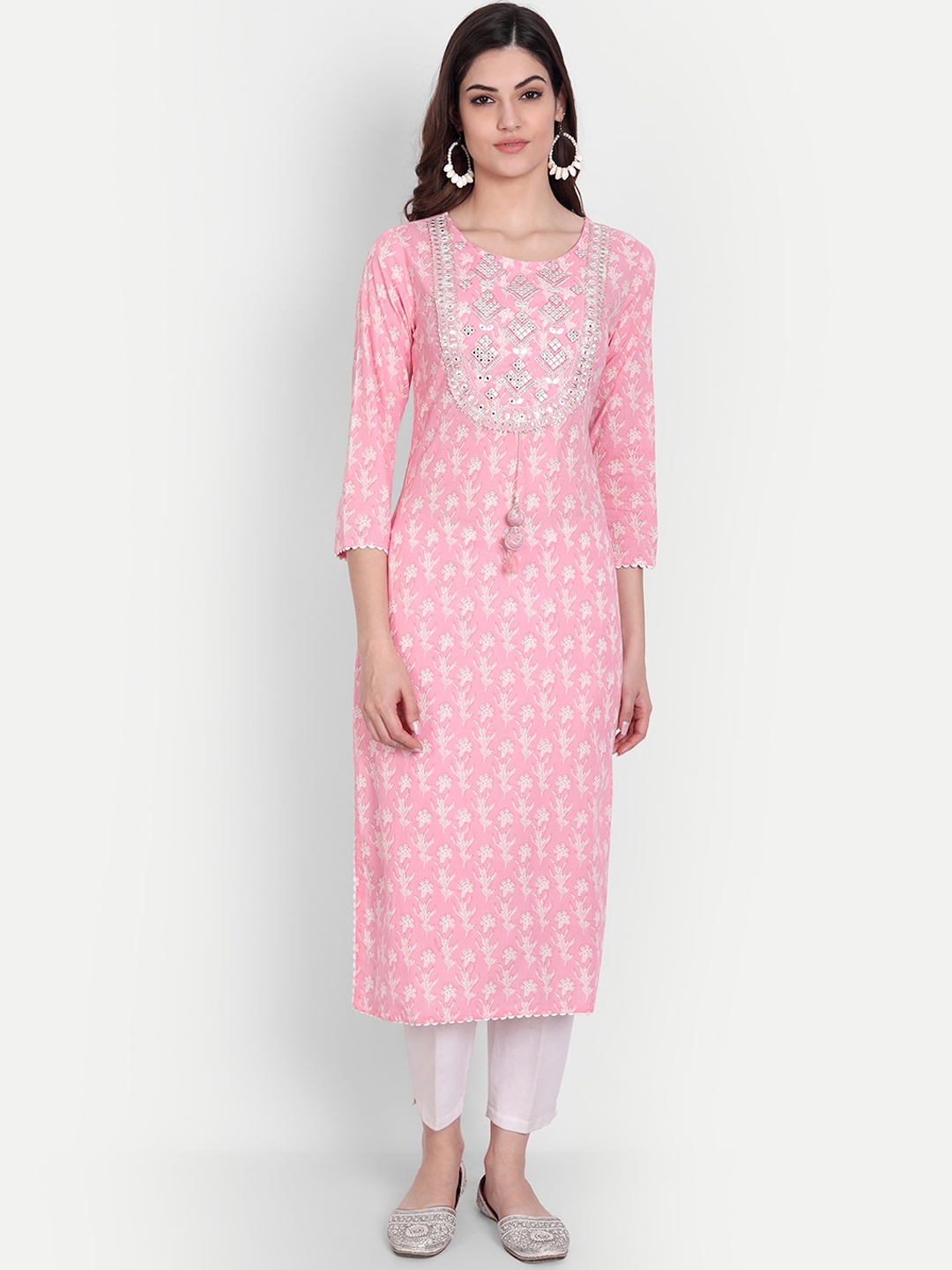 

KASHEEDA Floral Printed Mirror Work Gotta Patti Straight Kurta, Pink