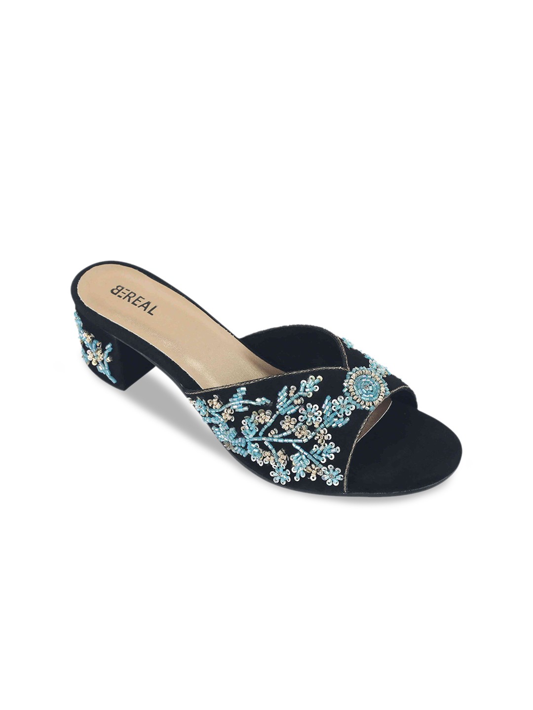 

BEREAL Embellished Velvet Party Block Heels, Black