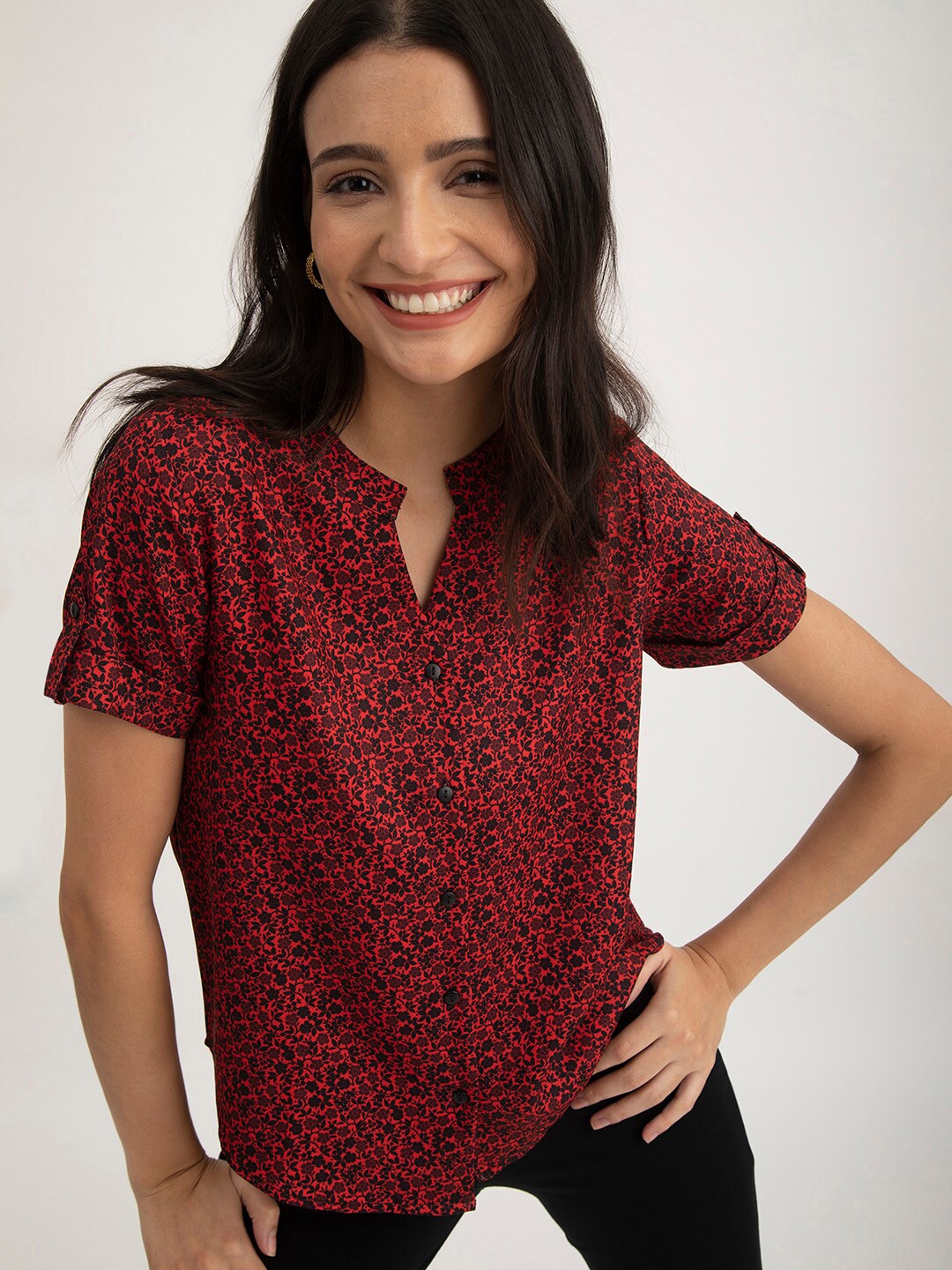 

FableStreet Floral Printed Mandarin Collar Shirt Style Top, Red