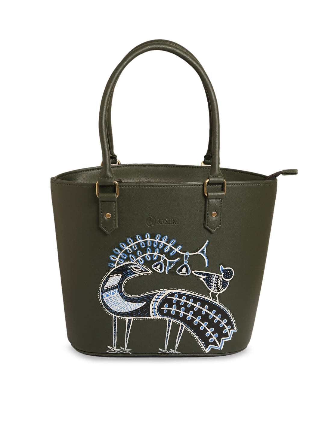 

RASHKI Peacock Art Oversized Structured Shoulder Bag, Olive