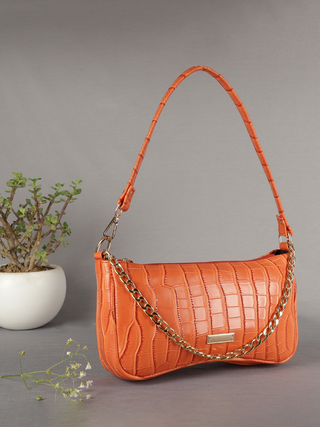 

MINI WESST Women Textured Structured Shoulder Bag, Orange