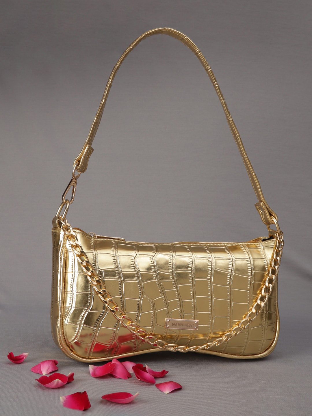

MINI WESST Women Textured Handheld Bag, Gold
