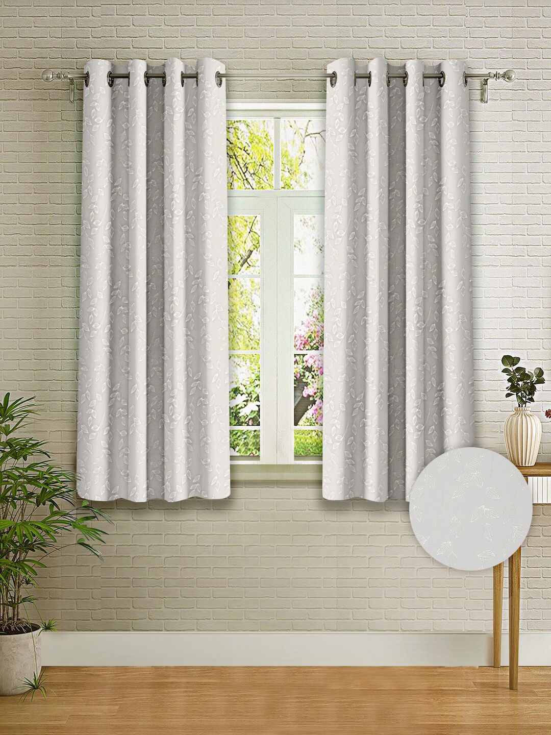 

Cortina Grey & Silver-Toned 2 Pieces Floral Printed Window Curtains