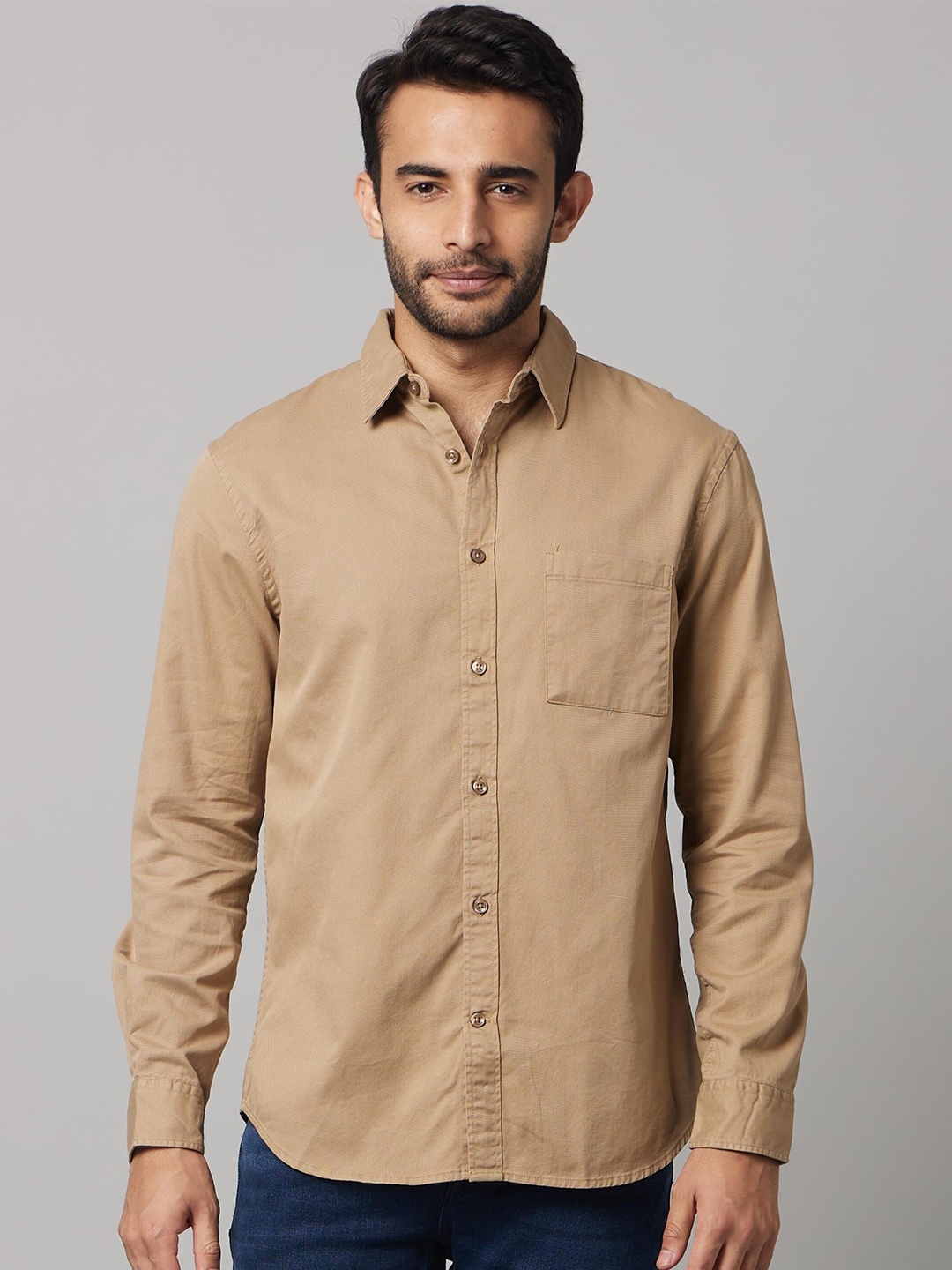 

Celio Spread Collar Cotton Casual Shirt, Beige