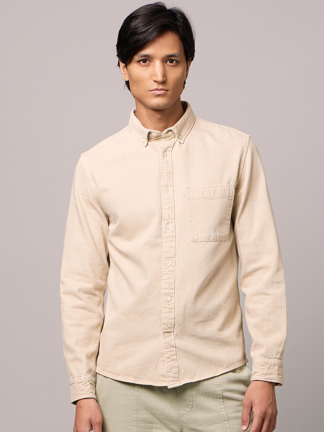 

Celio Button-Down Collar Cotton Casual Shirt, Beige