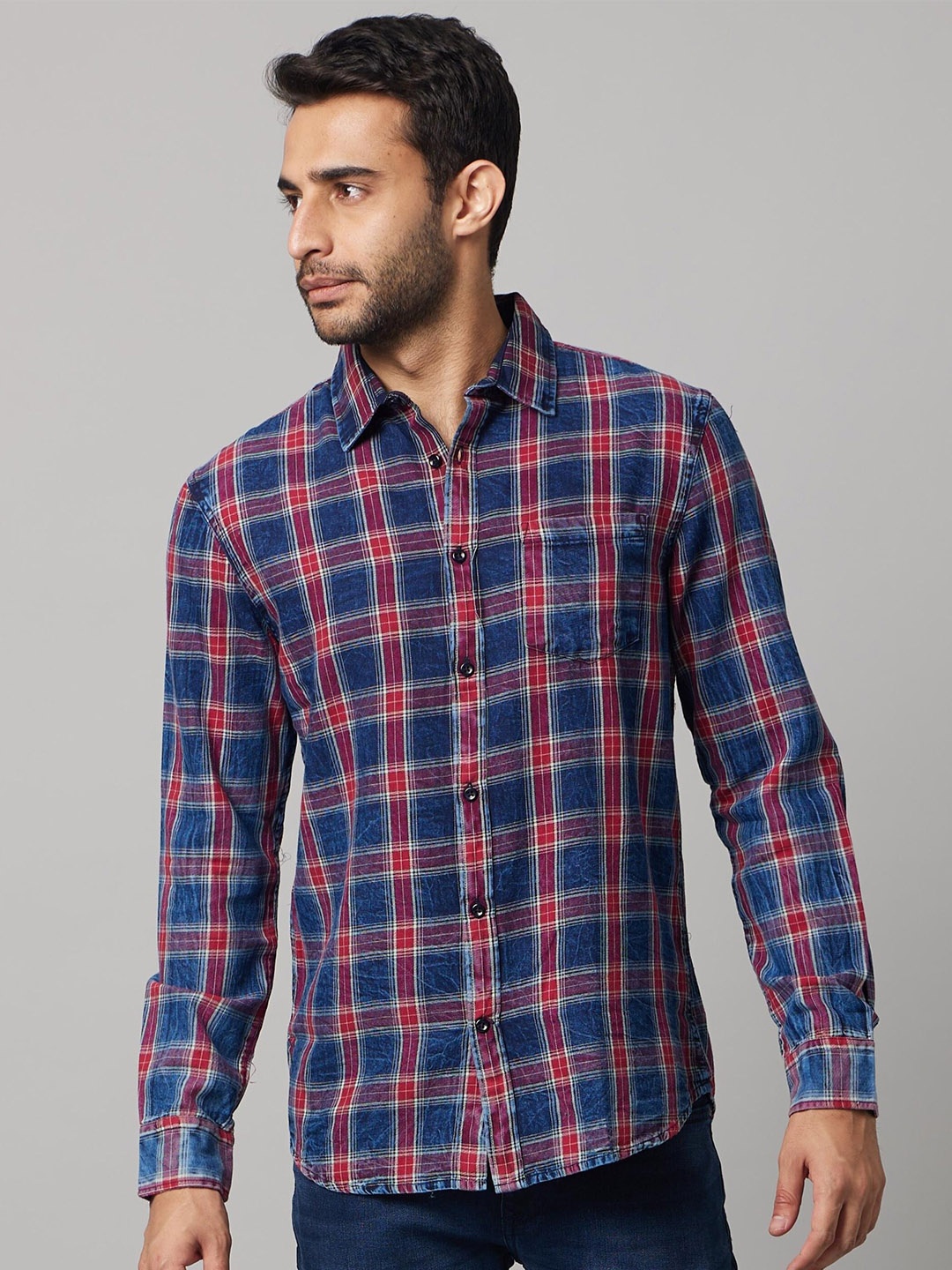 

Celio Classic Tartan Checks Checked Cotton Casual Shirt, Blue
