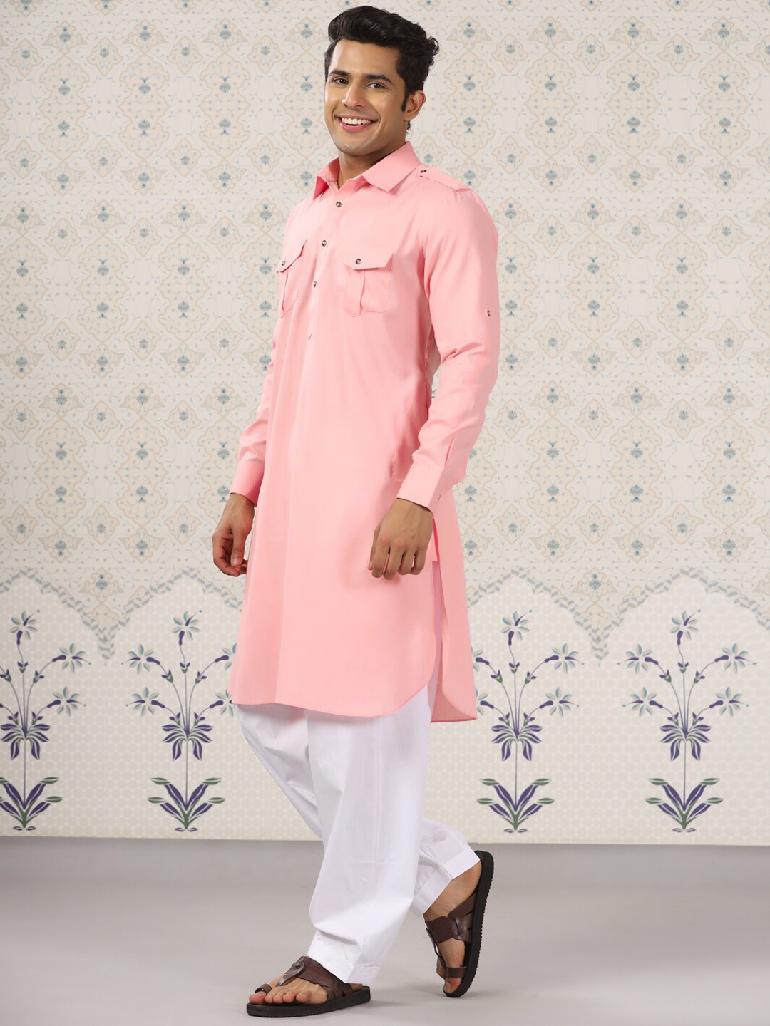 

Ode by House of Pataudi Shirt Collar Pathani Kurta with Salwar, Pink