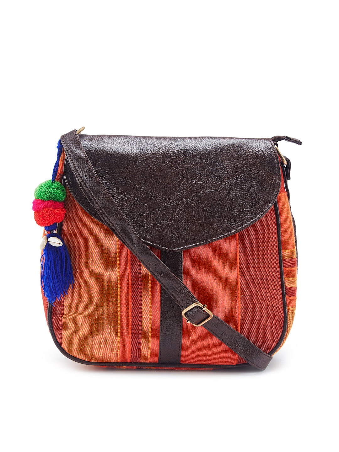 

NEPRI Women Striped Pure Cotton Sling Bag, Orange