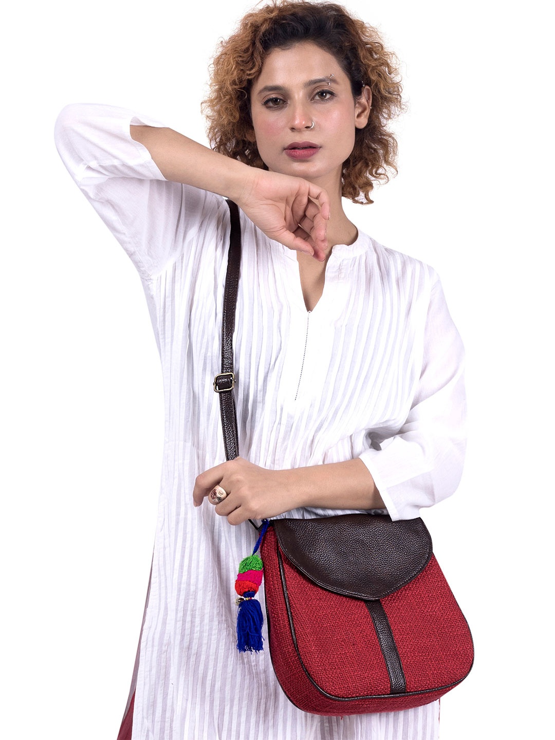 

NEPRI Women Textured Pure Cotton Sling Bag, Red
