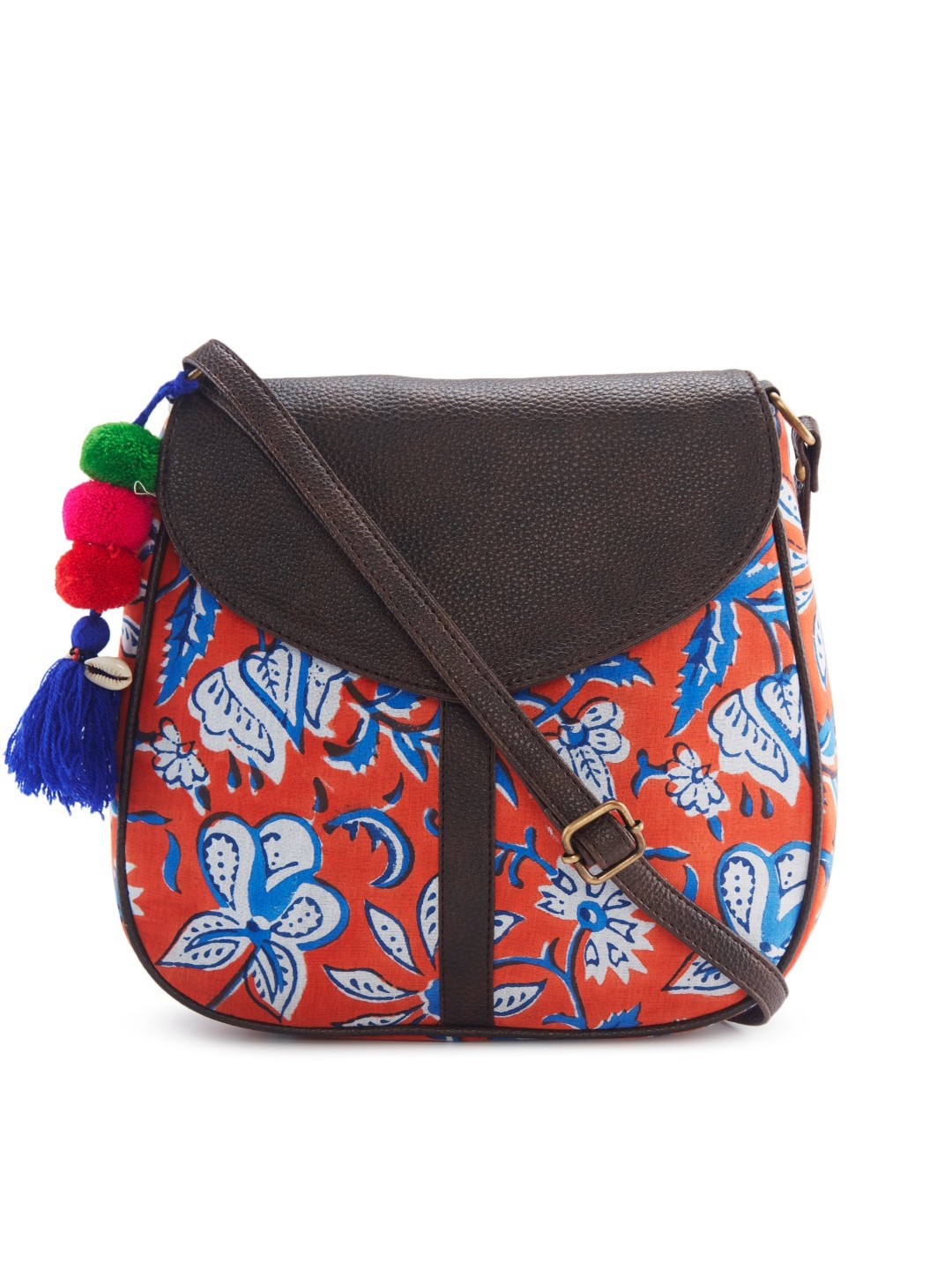 

NEPRI Floral Printed Shopper Sling Bag with Tasselled, Orange