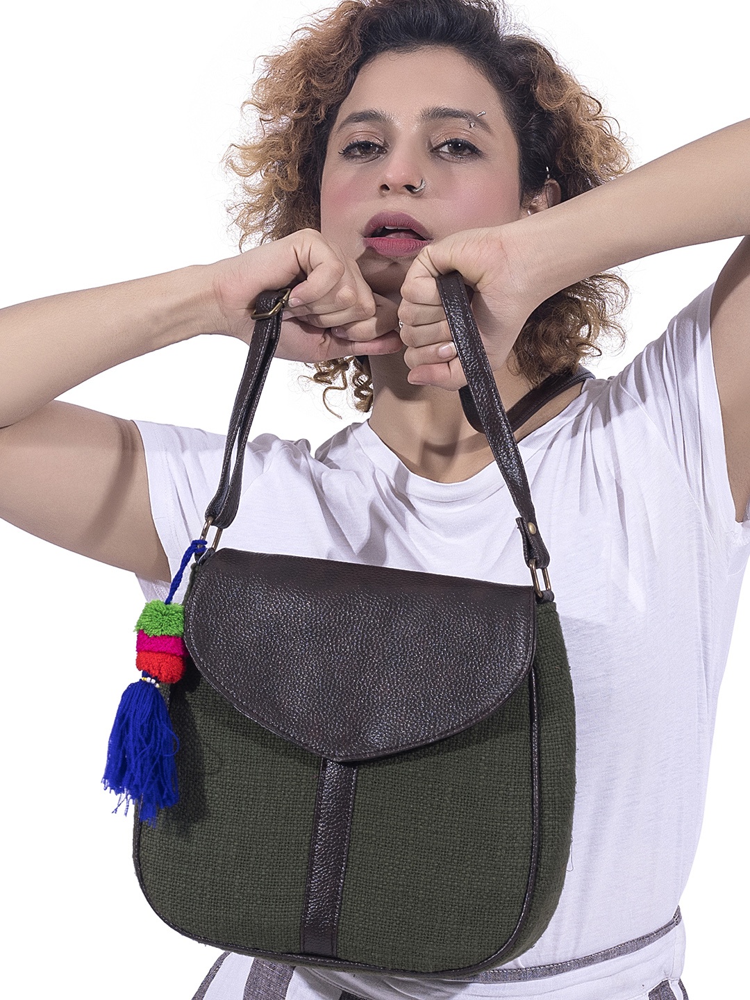 

NEPRI Colourblocked Structured Cotton Sling Bag With Tasselled, Olive