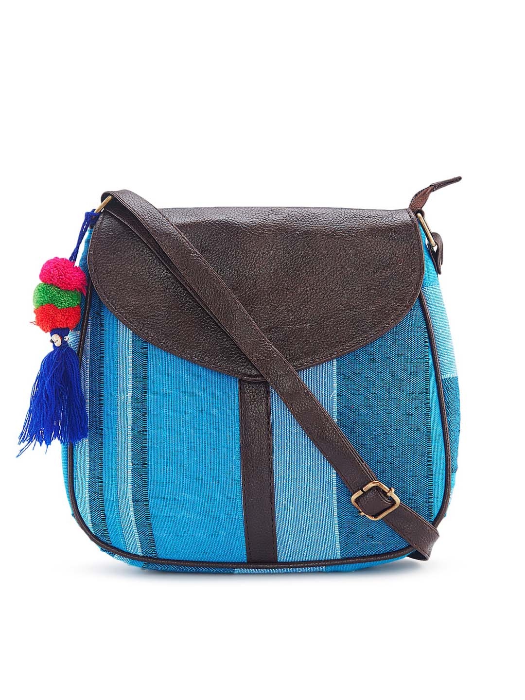 

NEPRI Striped Half Moon Cotton Sling Bag With Tasselled, Blue