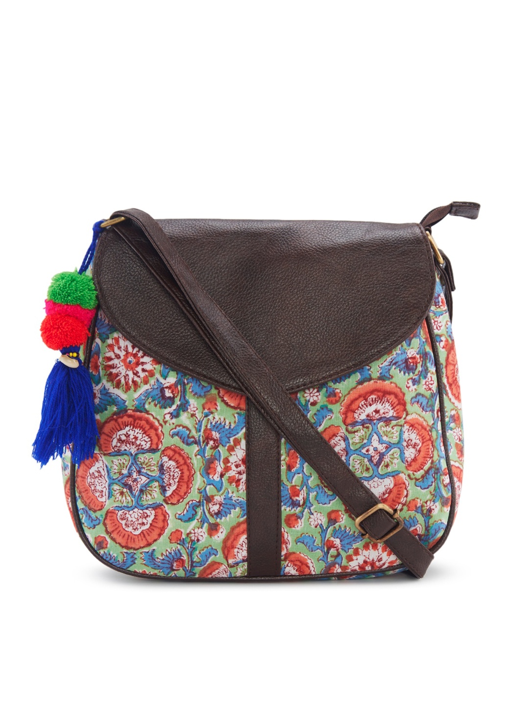 

NEPRI Floral Printed Half Moon Sling Bag with Tasselled, Green