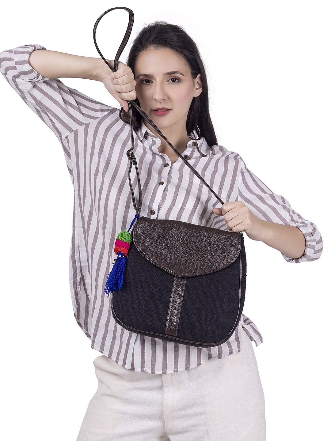 

NEPRI Textured Pure Cotton With Vegan Leather Half Moon Sling Bag, Black