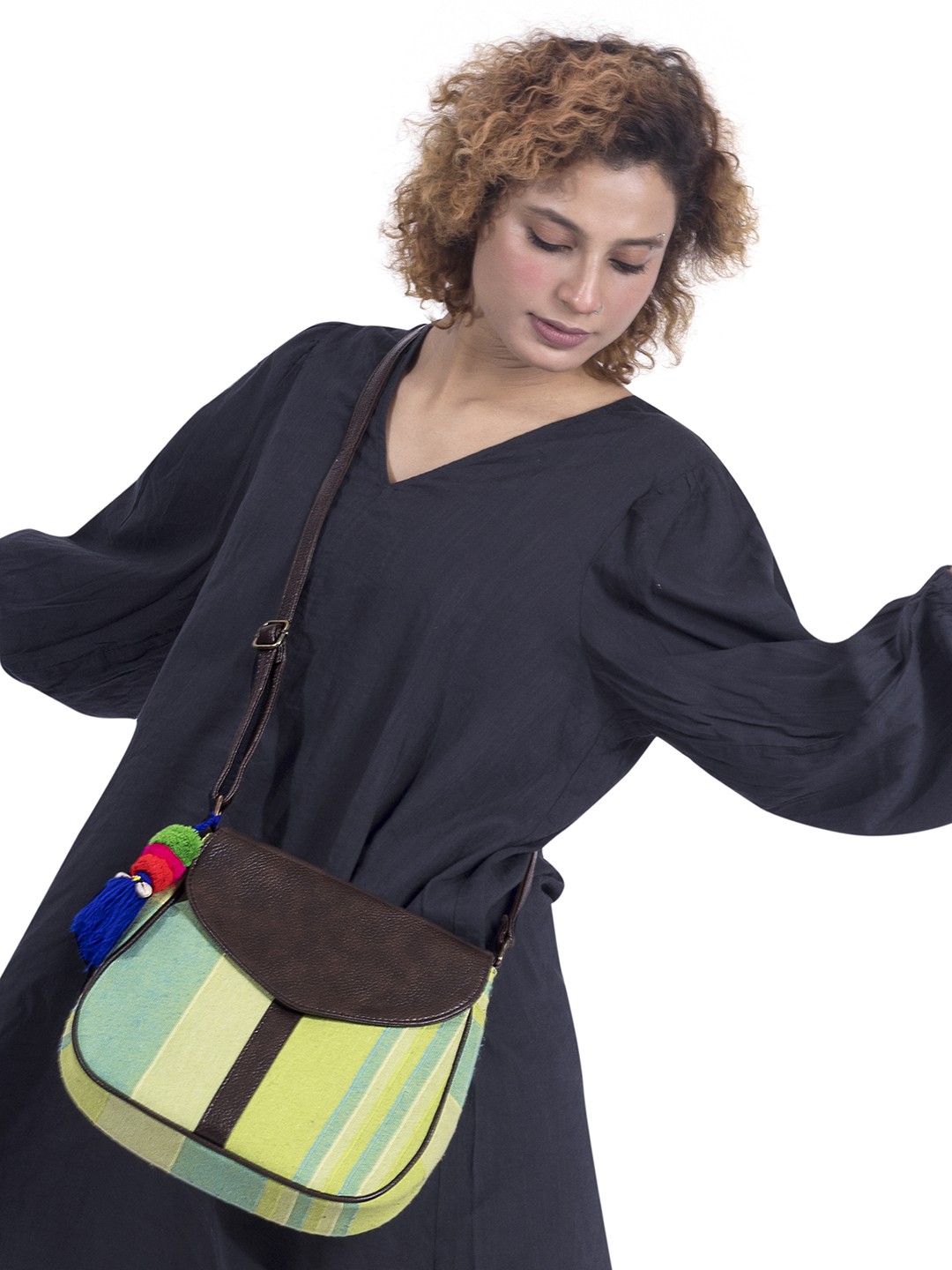 

NEPRI Pure Cotton With Vegan Leather Structured Sling Bag, Green