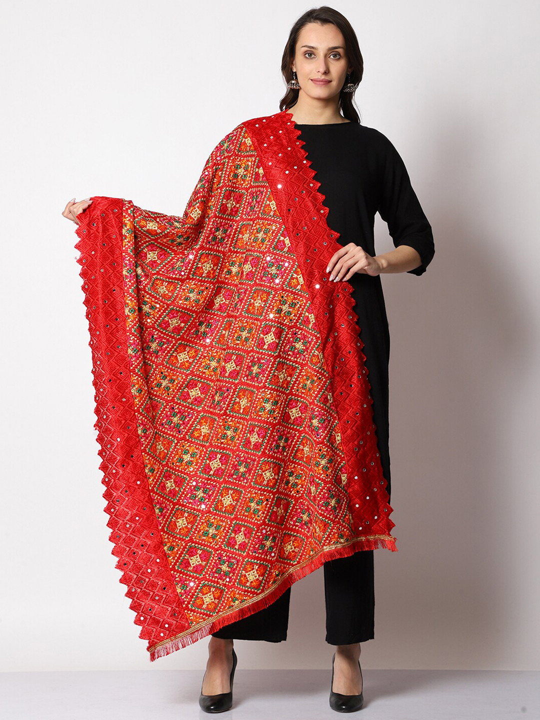 

SWI Stylish Embroidered Phukari Dupatta with Mirror Work, Red