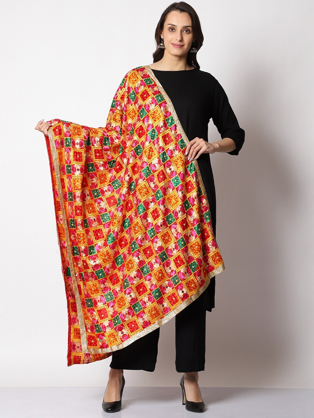 

SWI Stylish Embroidered Phulkari Dupatta with Mirror Work, Red