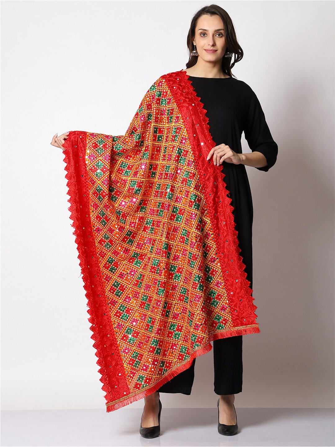 

SWI Stylish Embroidered Phulkari Dupatta, Red