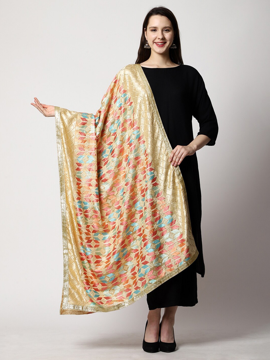 

SWI Stylish Embroidered Phukari Dupatta, Cream