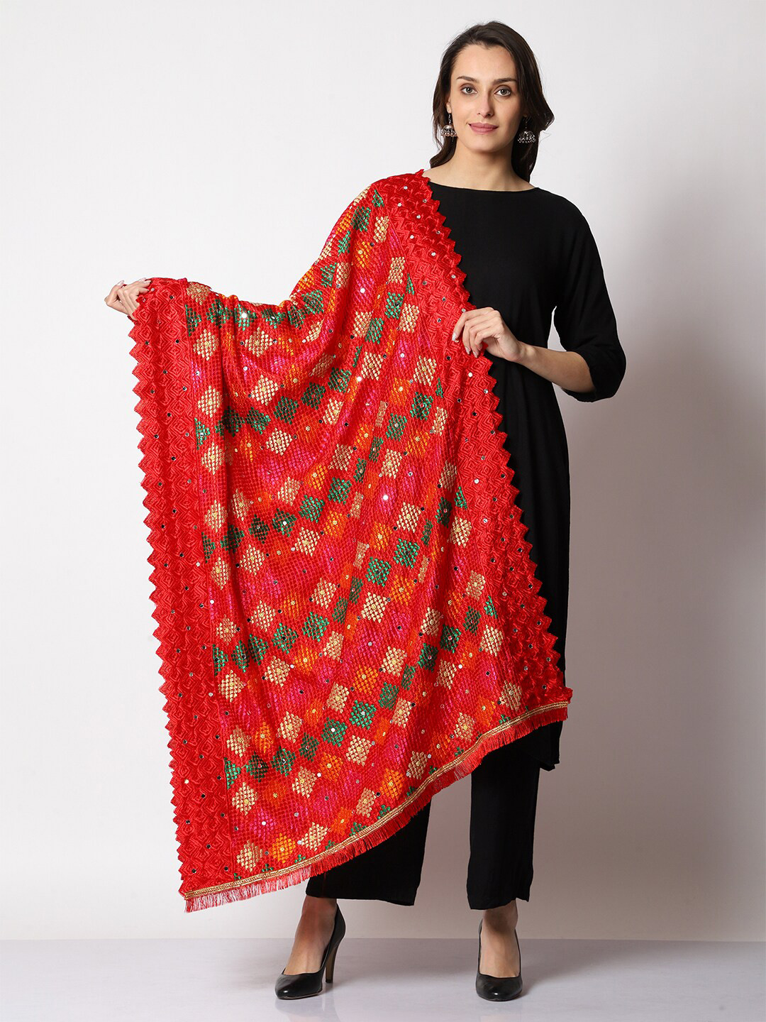

SWI Stylish Embroidered Phukari Dupatta with Mirror Work, Red