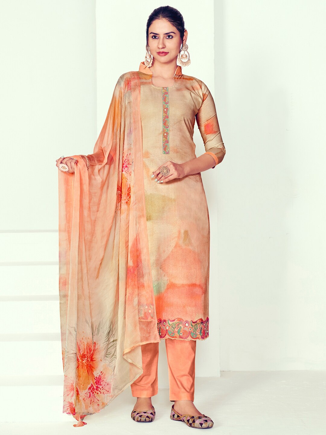 

Stylee LIFESTYLE Printed Pure Cotton Unstitched Dress Material, Peach