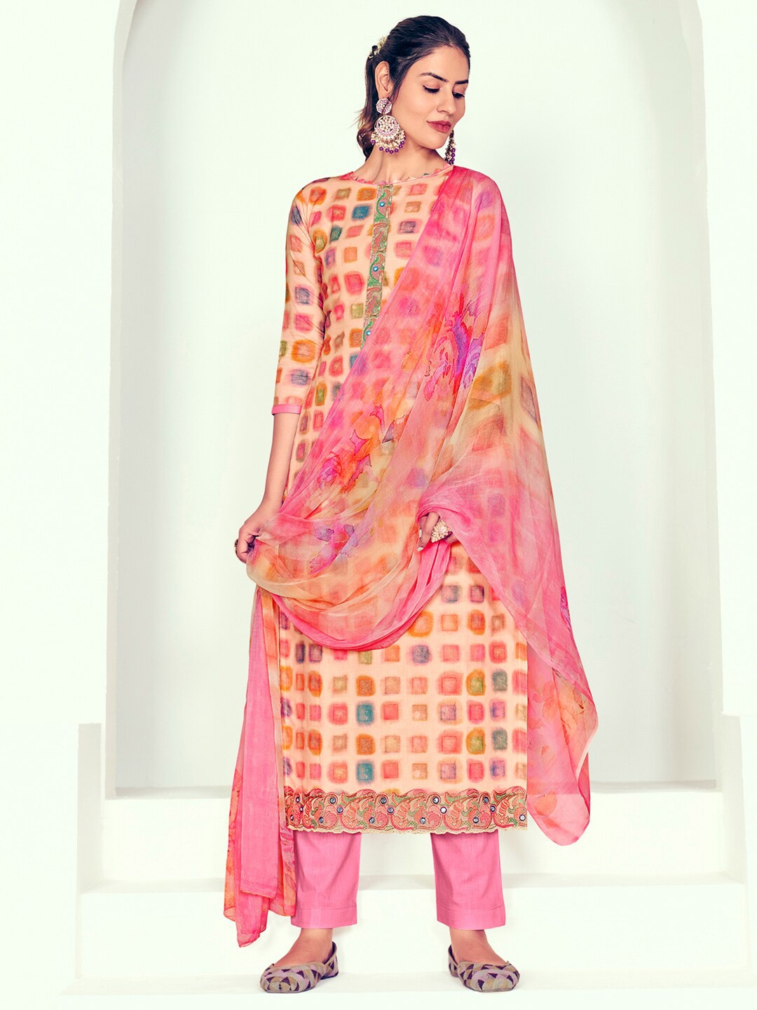

Stylee LIFESTYLE Printed Pure Cotton Unstitched Dress Material, Beige