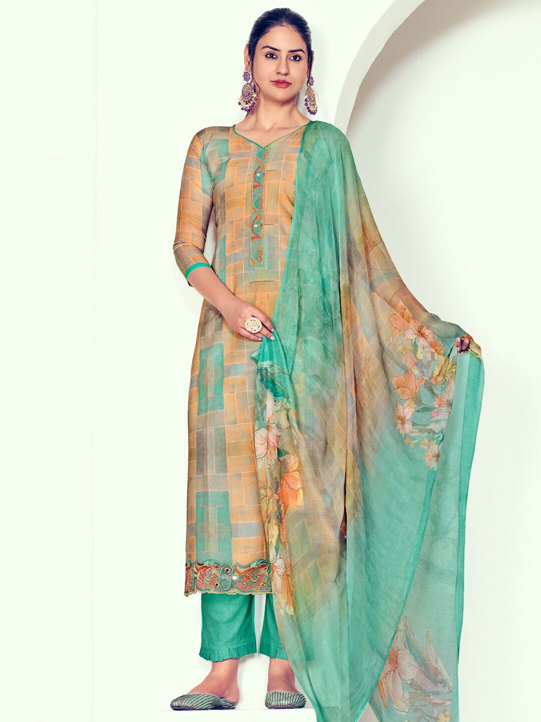 

Stylee LIFESTYLE Printed Pure Cotton Unstitched Dress Material, Green