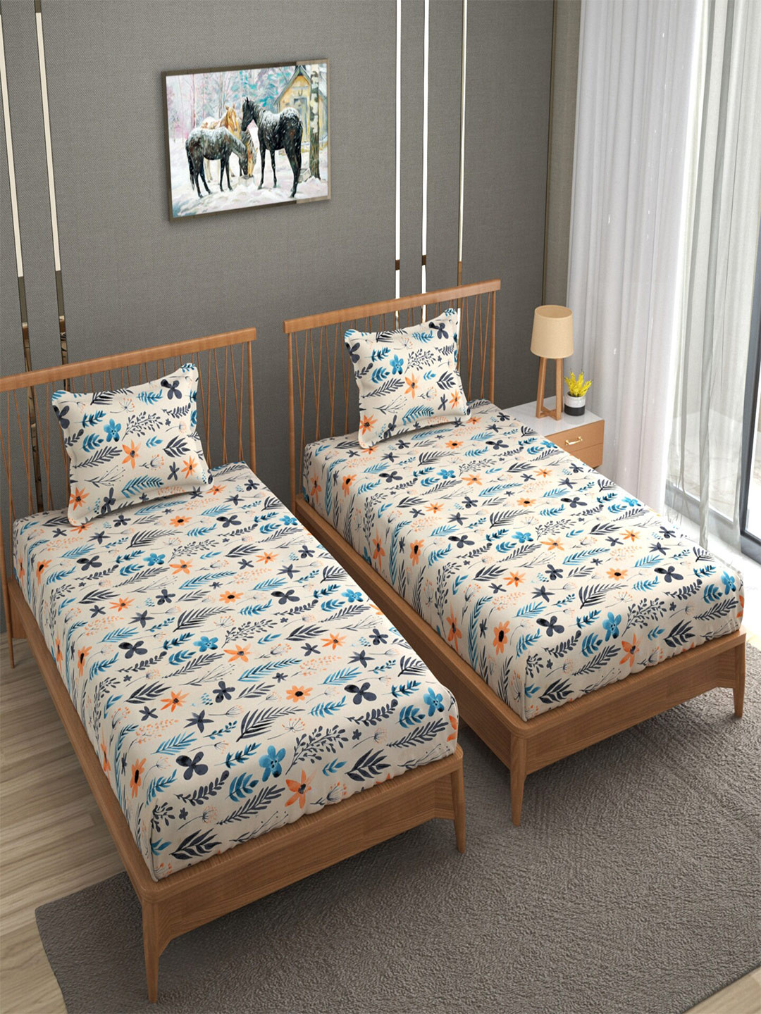 

BELVOSTUM Sunshine 3D Printed Beige & Blue 220 TC 2 Pieces Single Bedsheet Set