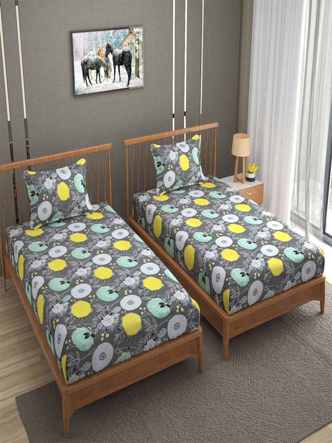 

BELVOSTUM Sunshine 3D Printed Grey & Yellow 220 TC 2 Pieces Single Bedsheet Set