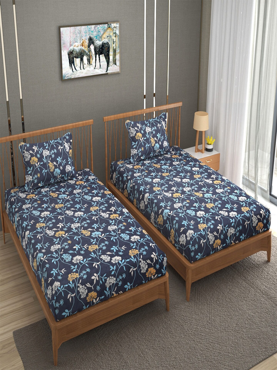 

BELVOSTUM Sunshine 3D Printed Grey & Blue 220 TC 2 Pieces Single Bedsheet Set