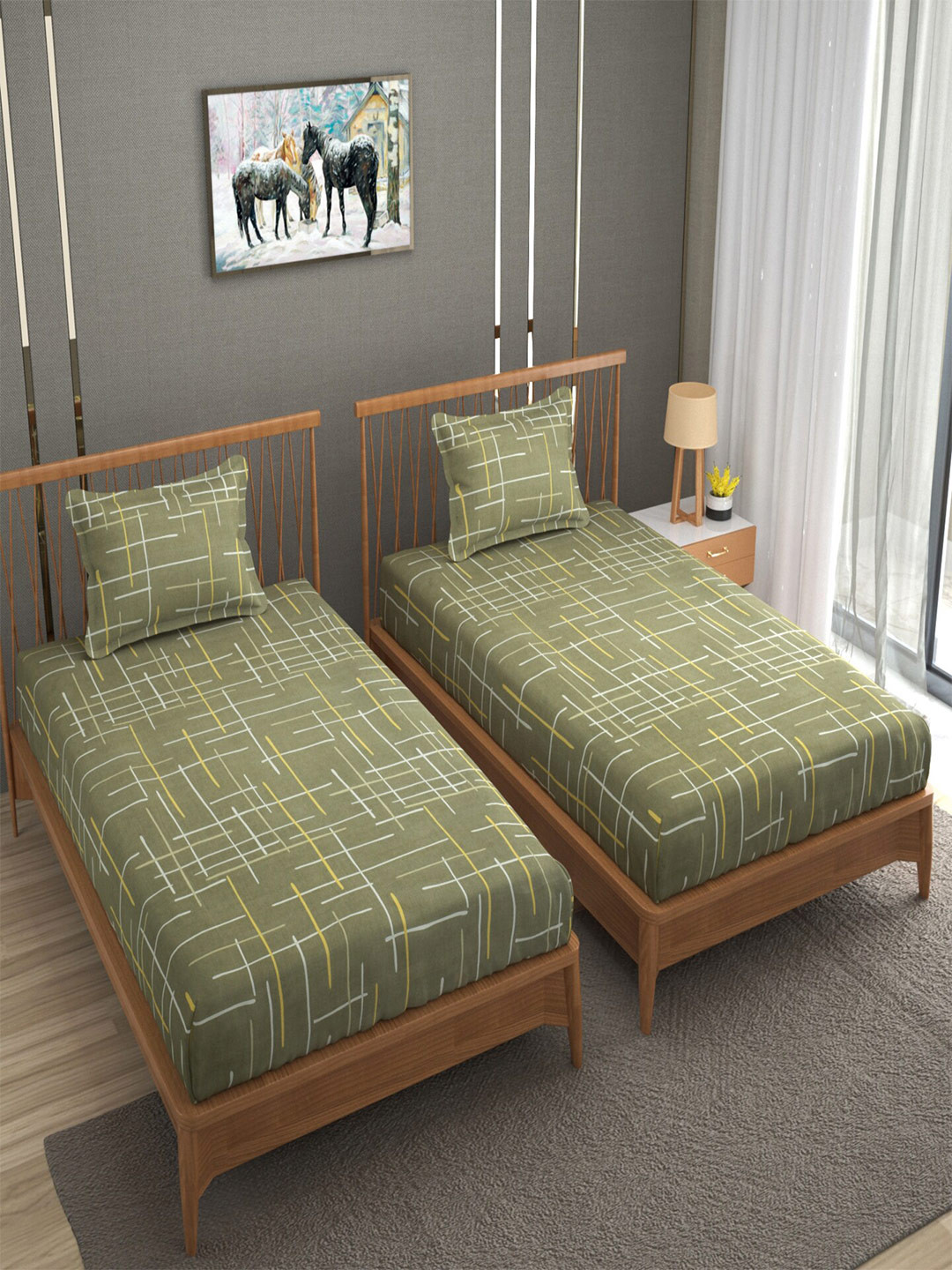 

BELVOSTUM Sunshine 3D Printed Olive Green & White 220 TC 2 Pieces Single Bedsheet Set