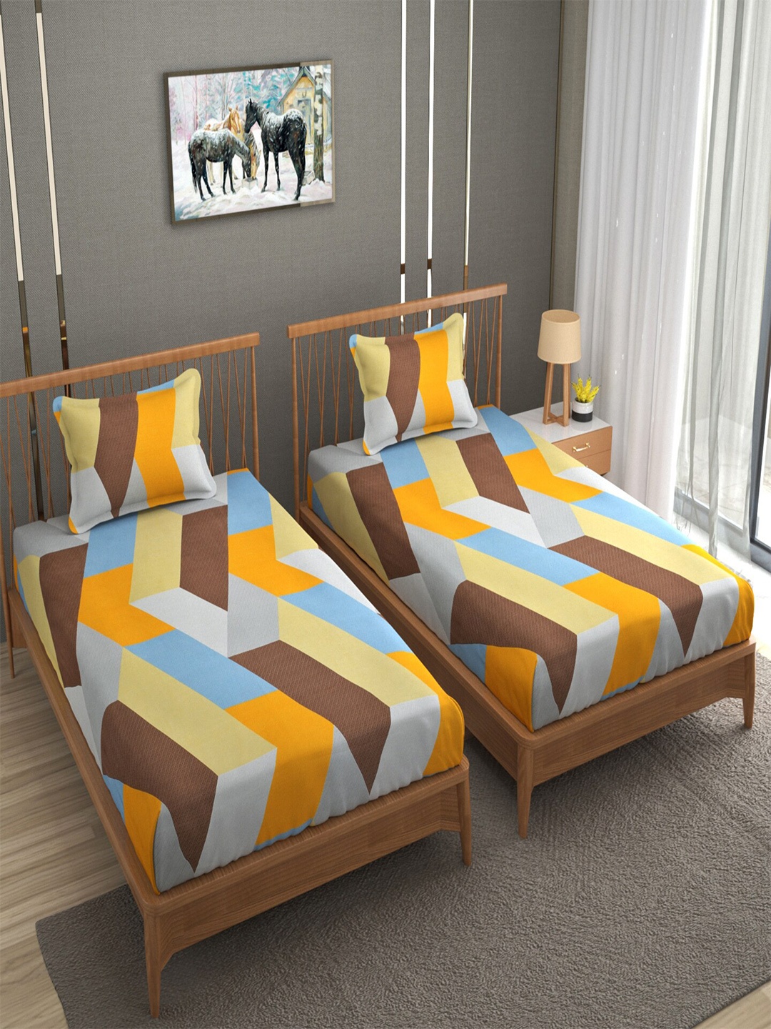 

BELVOSTUM Sunshine Brown & Blue Printed 220 TC 2 Single Bedsheets With 2 Pillow Covers