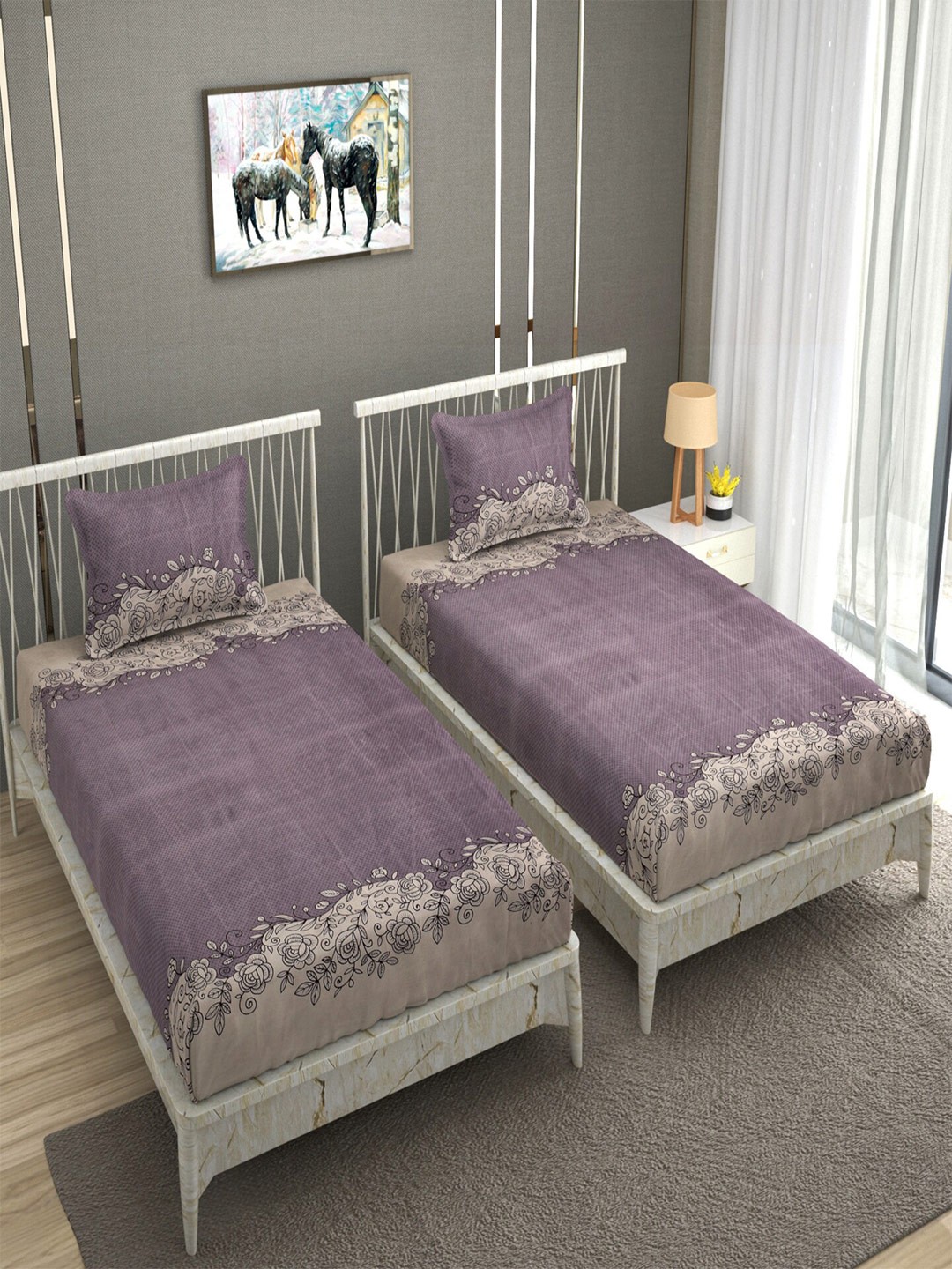 

BELVOSTUM Sunshine 3D Printed Mauve & Beige 220 TC 2 Pieces Single Bedsheet Set